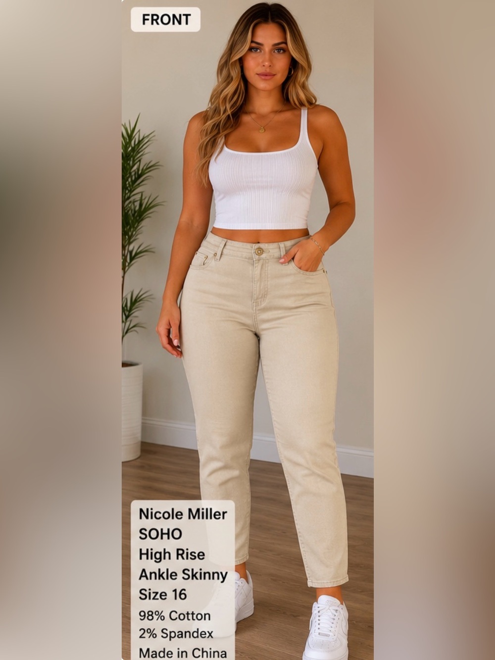NICOLE MILLER NEW YORK SOHO High Rise Ankle Skinny Jeans 16 Ivory Cream Stretch